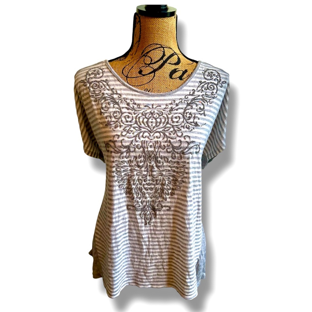 Sparkling Susan Lawrence Grey White Embellished Scoop Neck Soft Stretchy XL